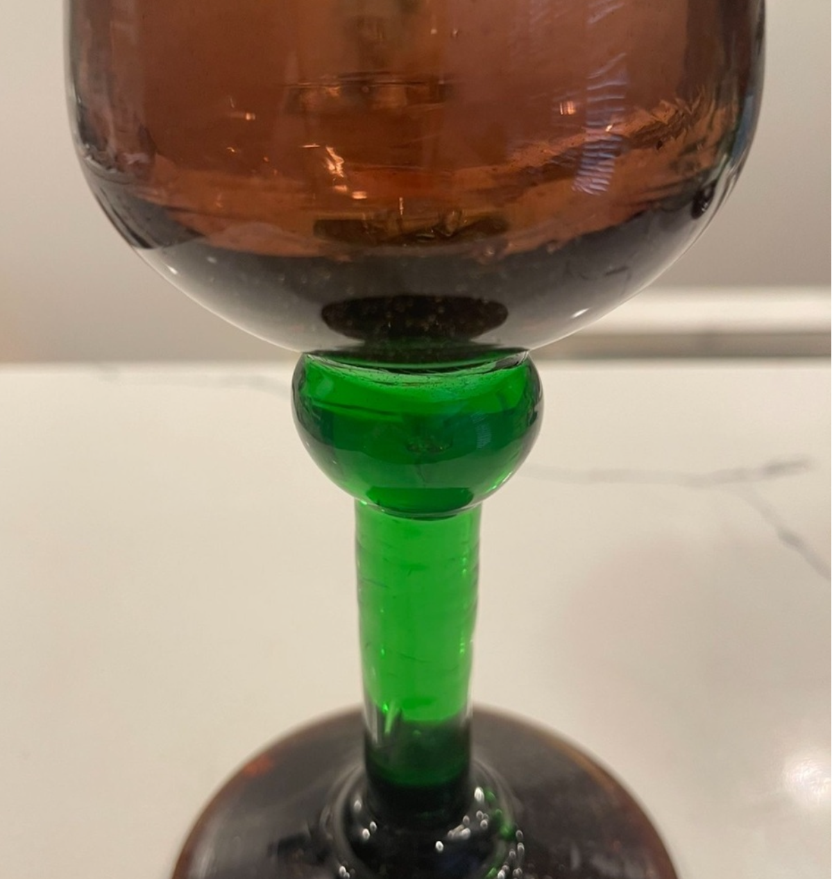 Pair of Hand-Blown Art Glass Goblets – Tobacco & Emerald Fusion – Estate Find